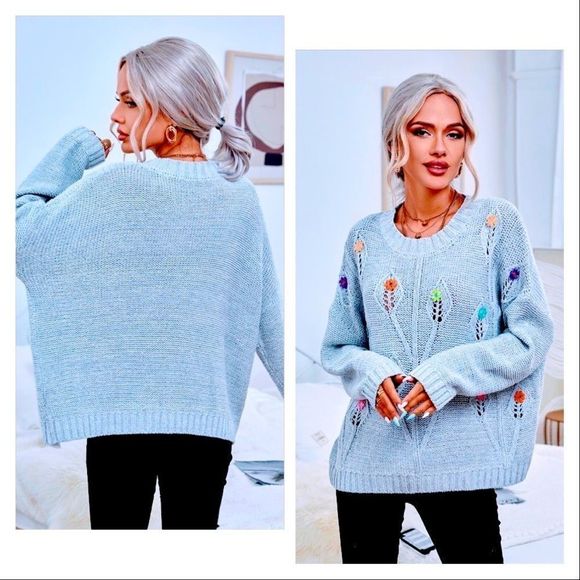 NWT! COLORFUL FLOWER HAND EMBROIDERED DROP SHOULDER POINTELLE KNIT SWEATER-GRAY! - Picture 12 of 14